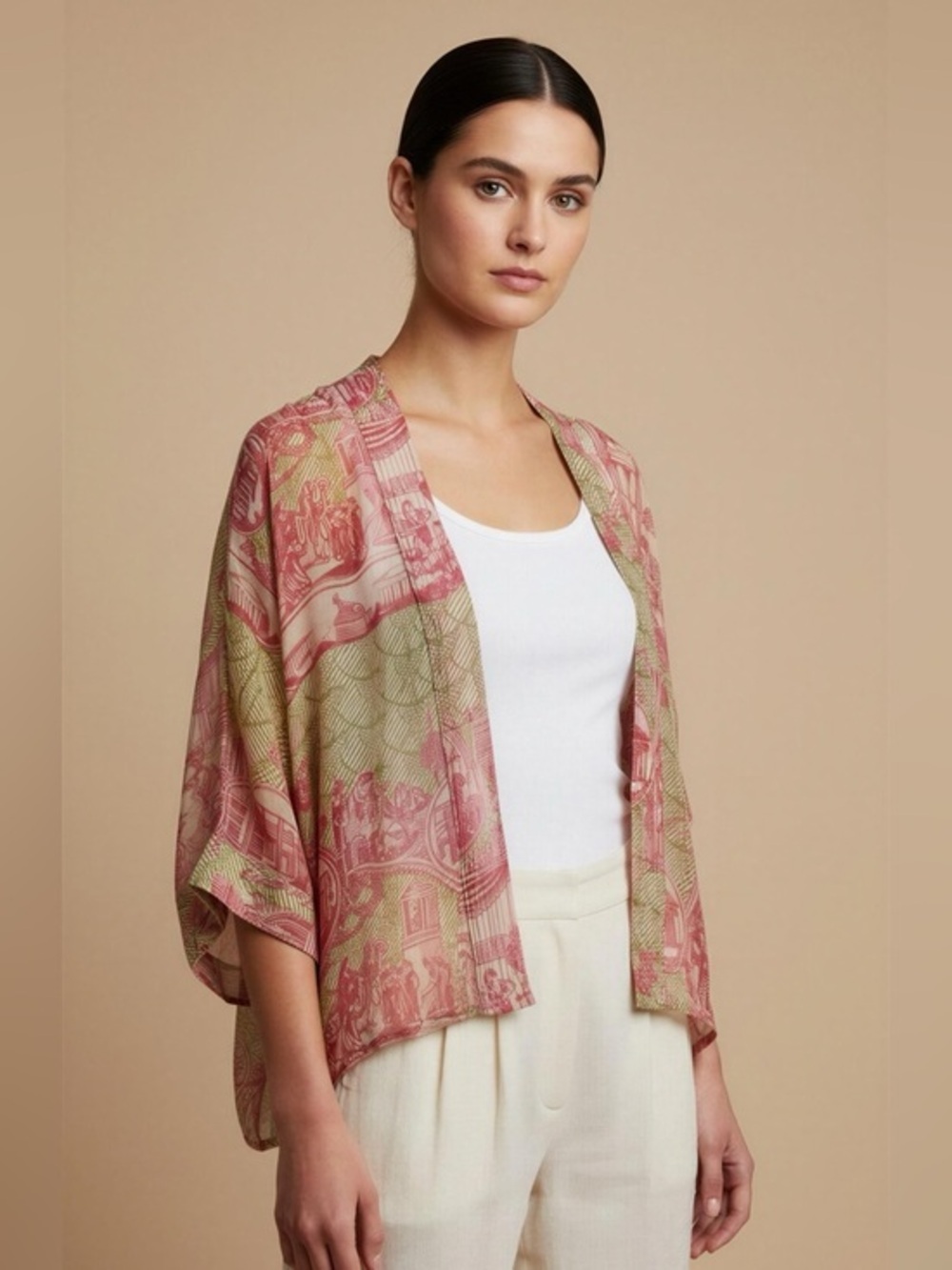 One Hundred Stars Ancient Columns Printed Rachel Kimono Top - Pink & Green